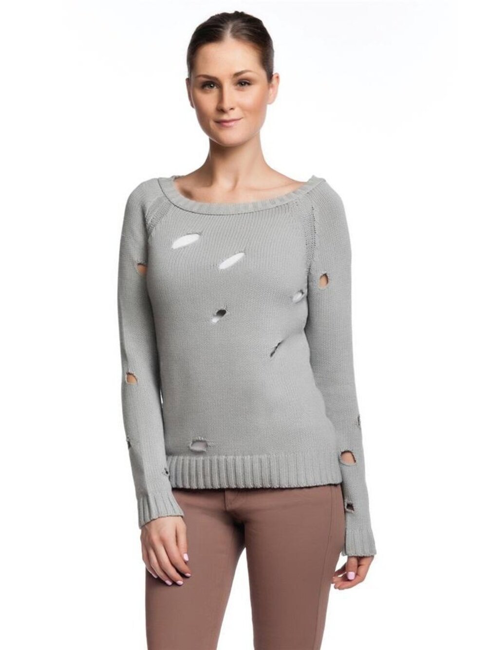 Acrobat Distressed Ragline Sweater Gray Raglan Pullover Holes Cut Out NWT